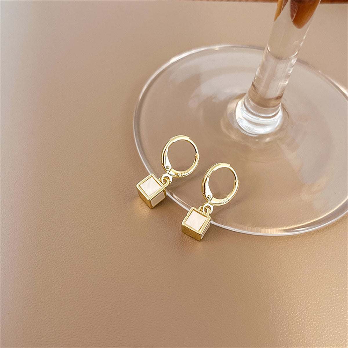 White Acrylic & Goldtone Cube Huggie Earrings