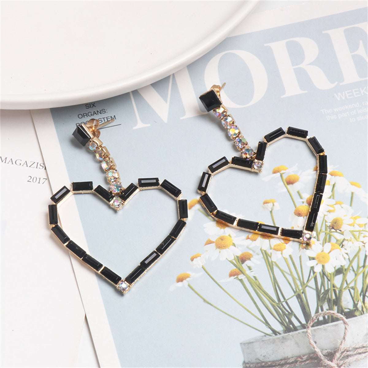 Black Cubic Zirconia & Goldtone Open Heart Drop Earrings