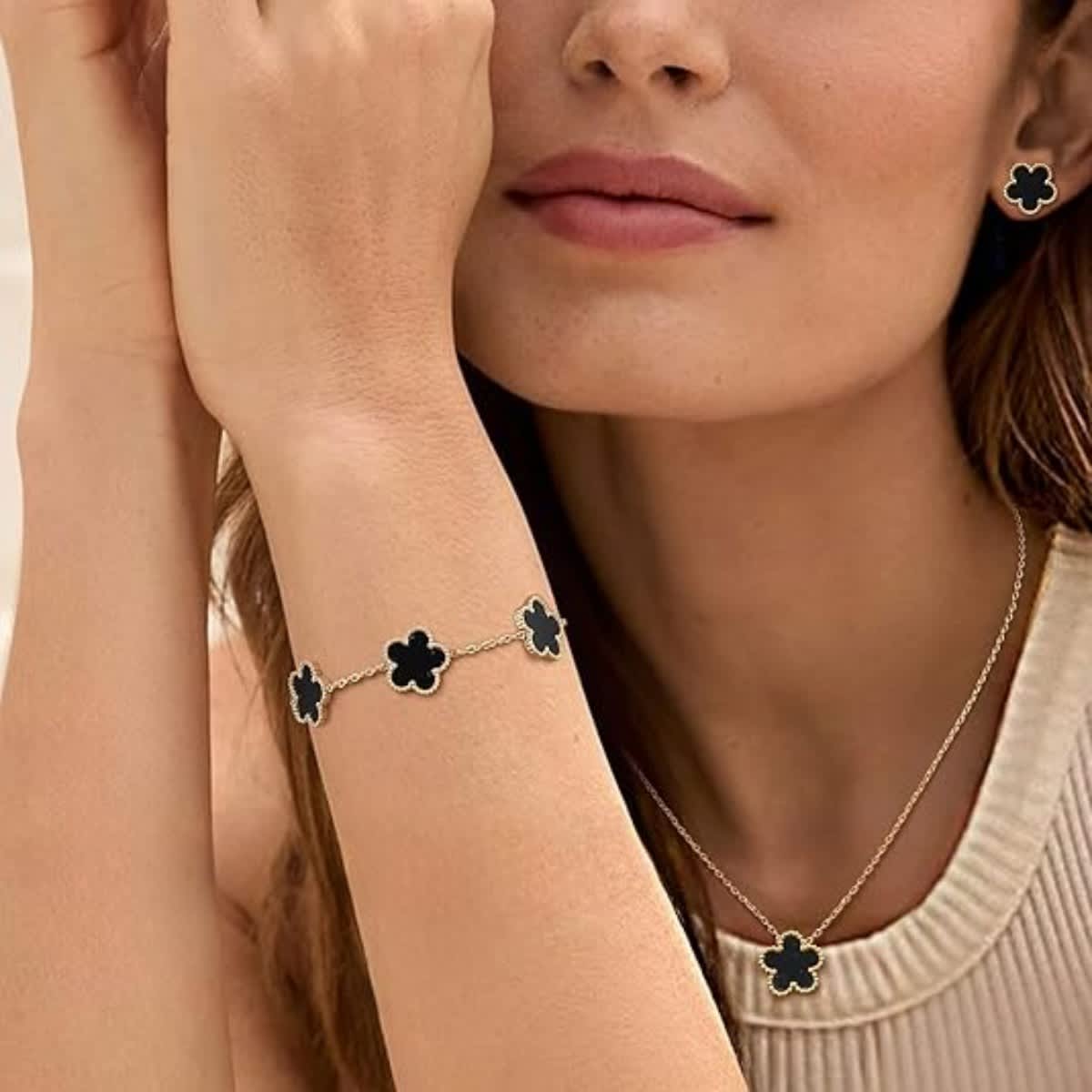 3 Pcs Lucky Clover Y-Necklace Bracelet Set