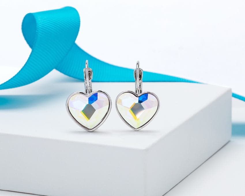 Aurora Borealis Swarovski Crystal Earrings – Crystal Heart Leverback Earrings