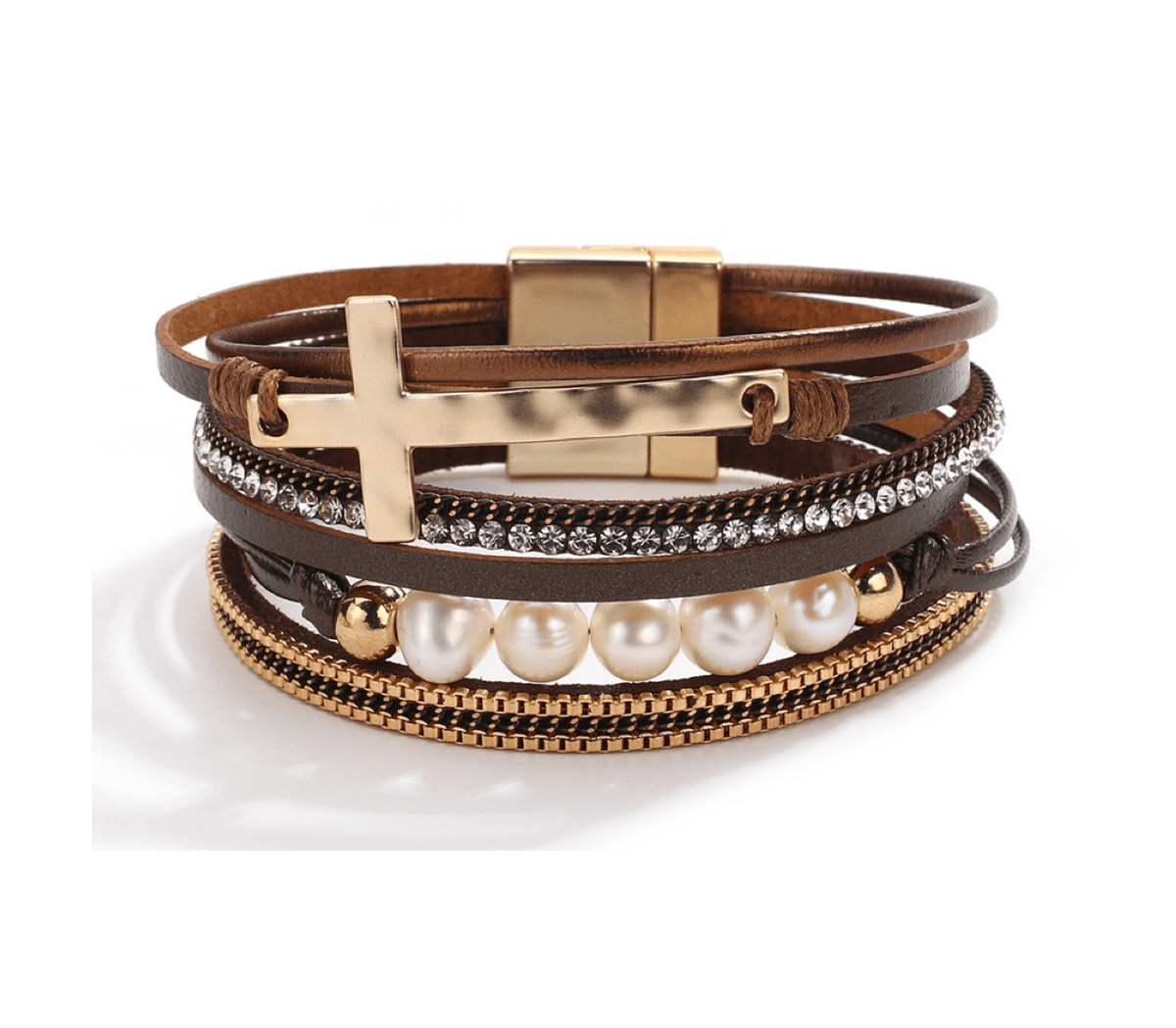 Brown Goldtone Cross Faux Leather Bracelet with Freshwater Pearls