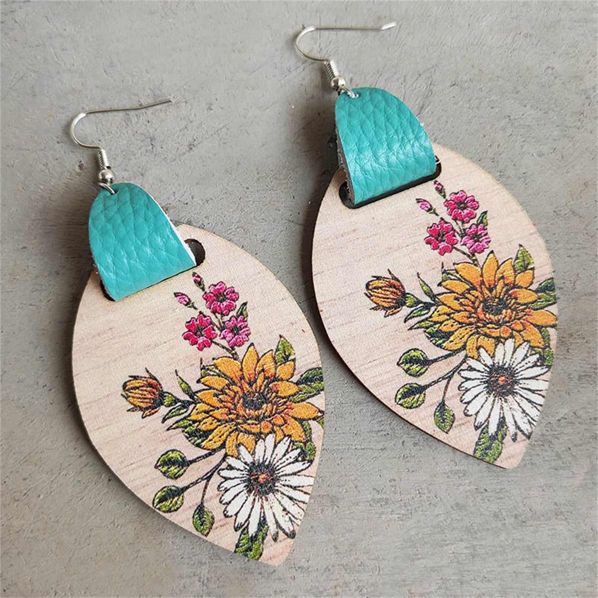 Brown Wood & Polystyrene Silvertone Mum Drop Earrings
