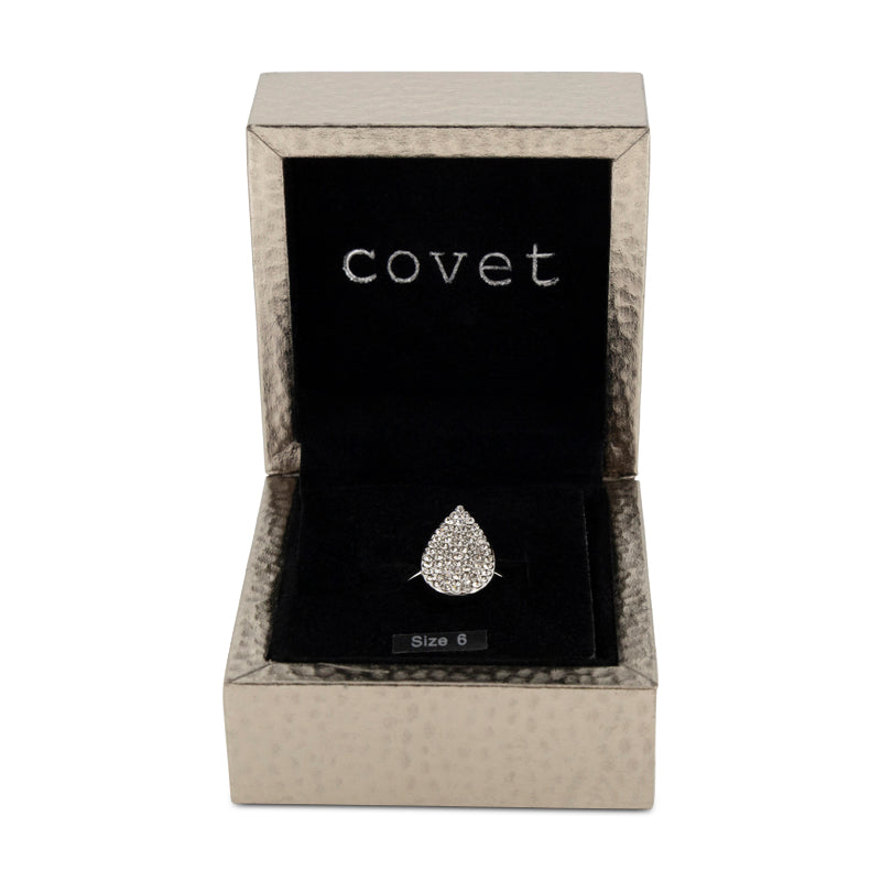 Covet Rhodium Plated Cubic Zirconia Teardrop Pave Ring - Size Q