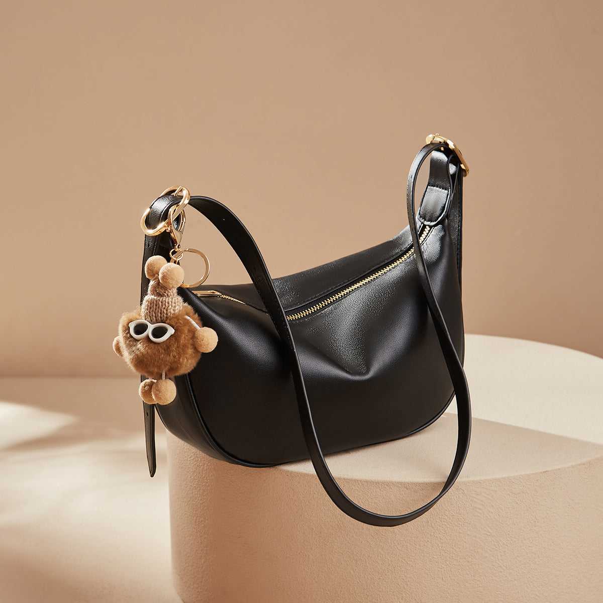 Crescent Leather Crossbody Shoulder Bag with Bear Charm