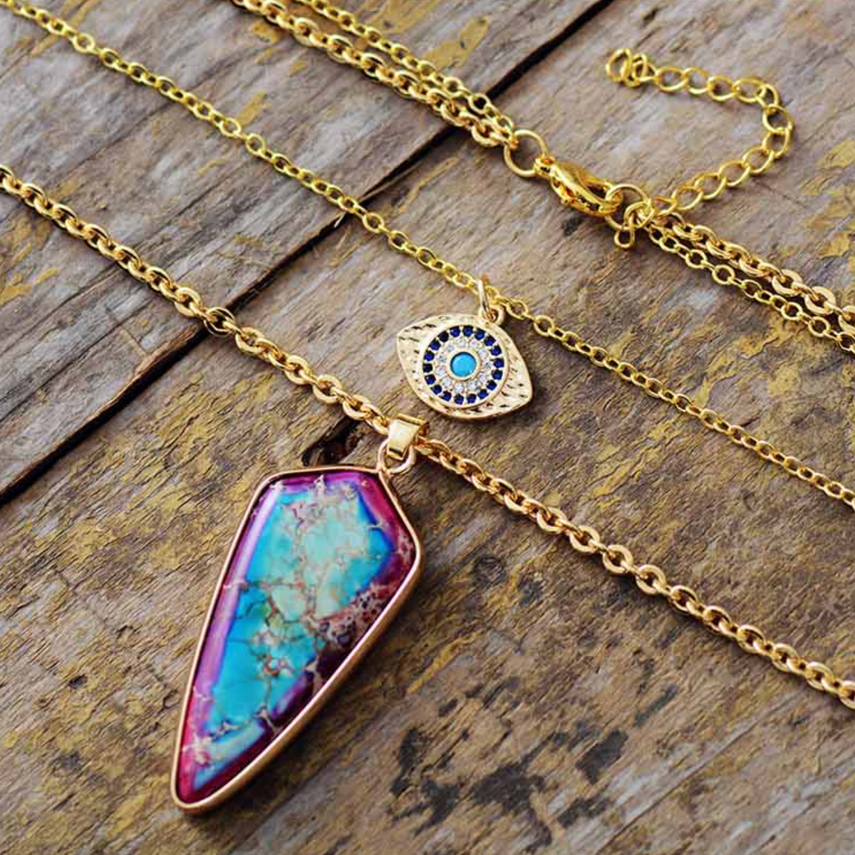 Goldtone Layered Eye & Purple Blue Jasper Pointed Necklace
