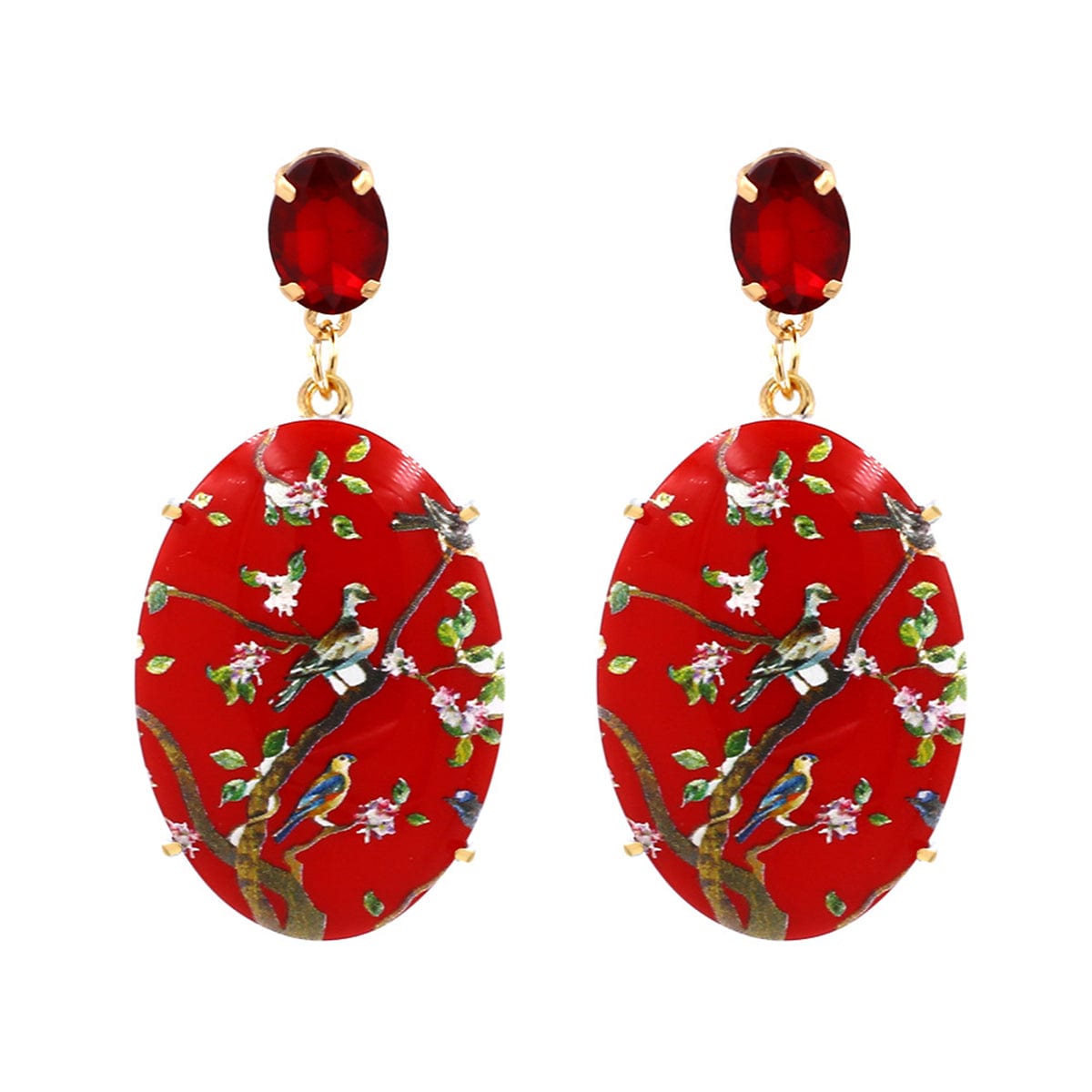 Red Crystal & Goldtone Bird Branch Oval Drop Earrings