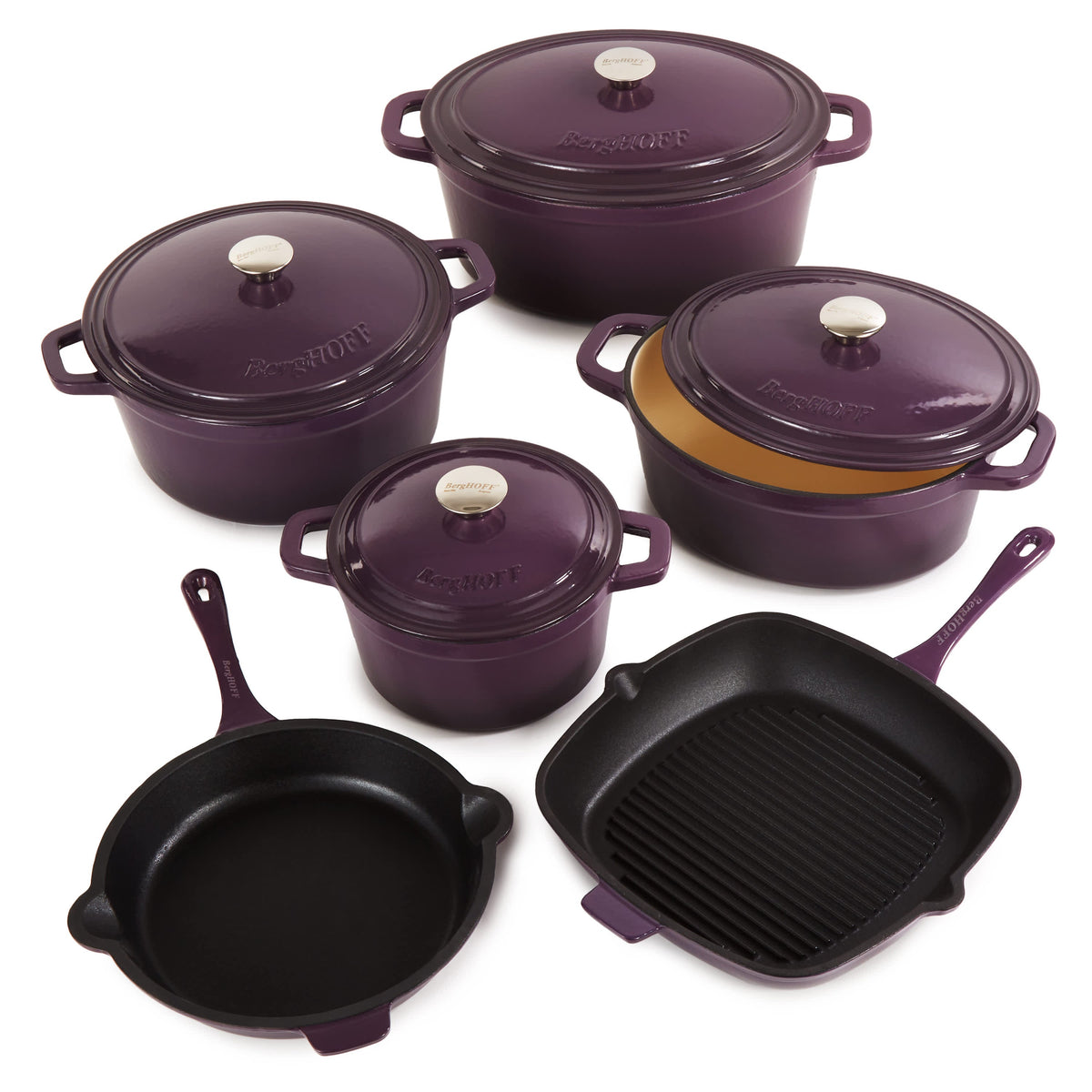BergHOFF Neo 10pc Cast Iron Cookware Set, Purple