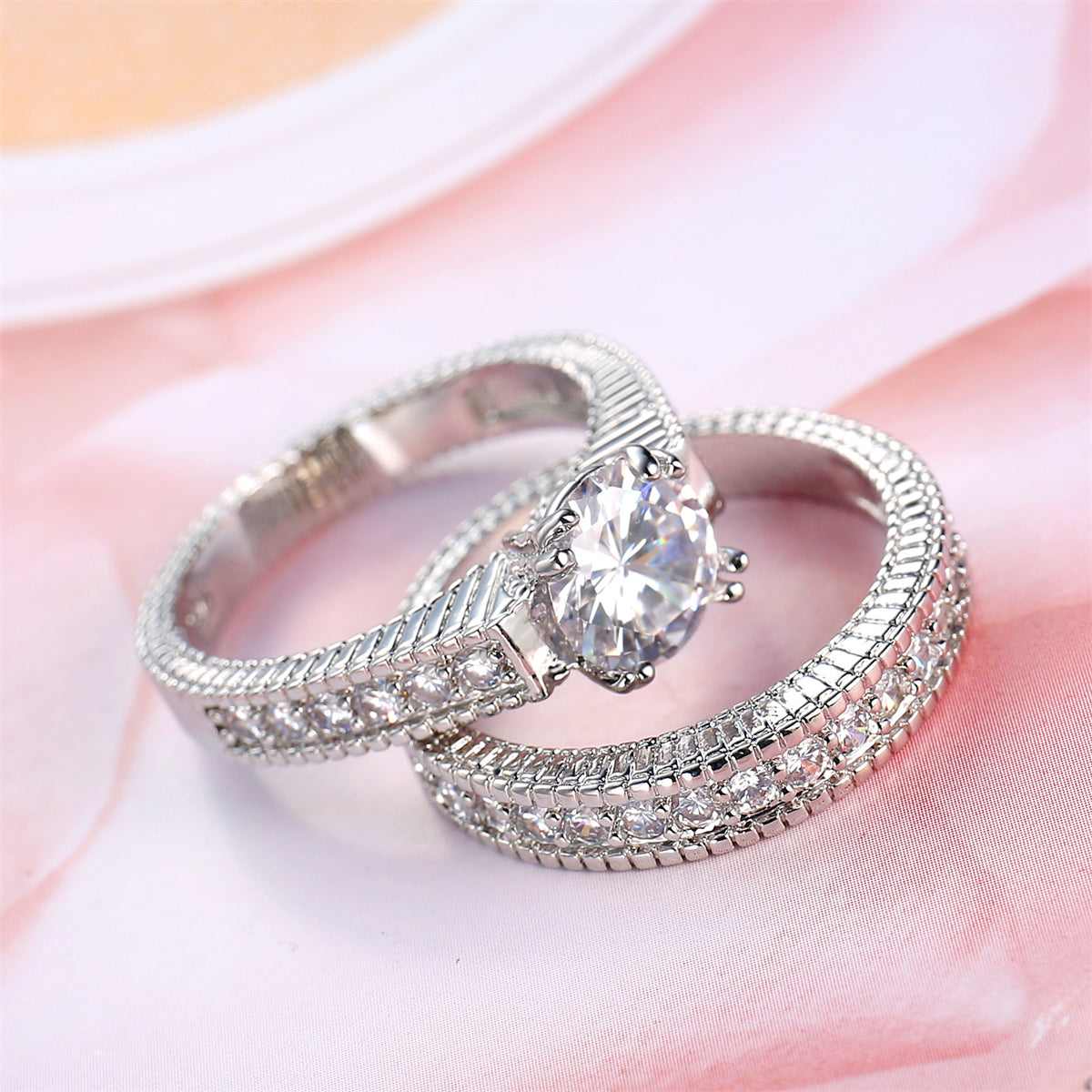 Crystal & Cubic Zirconia Silvertone  Round Ring & Pavé Band