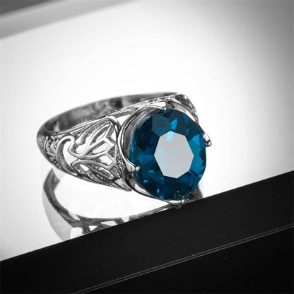Blue Crystal & Silvertone Filigree Ring