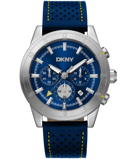 Dkny Men Watch, Silver Color Case, Dark Blue Dial, Dark Blue Leather Strap, Chronograph, 10 Atm