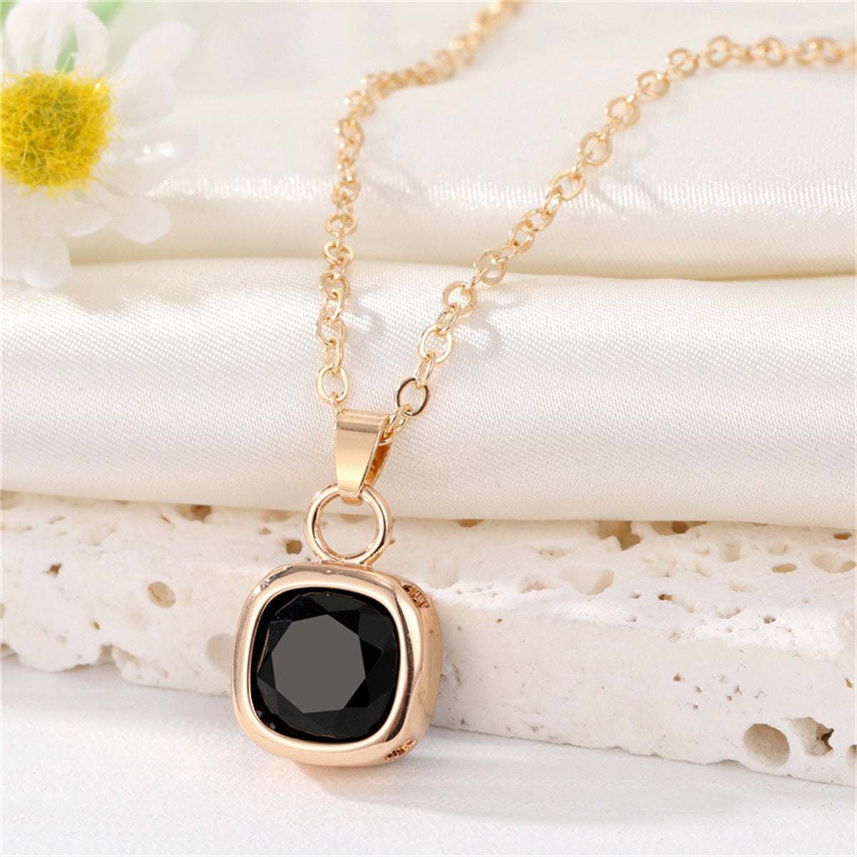 Black Crystal & Goldtone Square Pendant Necklace
