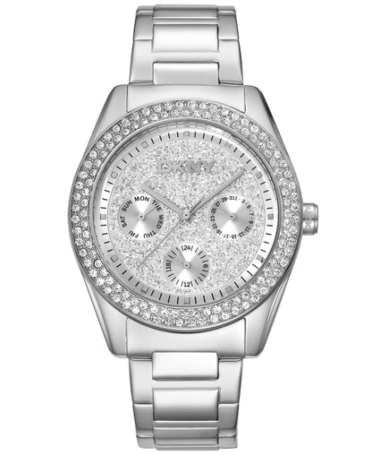 Dkny Women Watch, Silver Color Case, Silver Powder Dial, Stainless Steel Metal Bracelet, Multi-Function, 5 Atm
