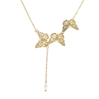 Pearl & Goldtone Tri-Butterflies Pendant Necklace