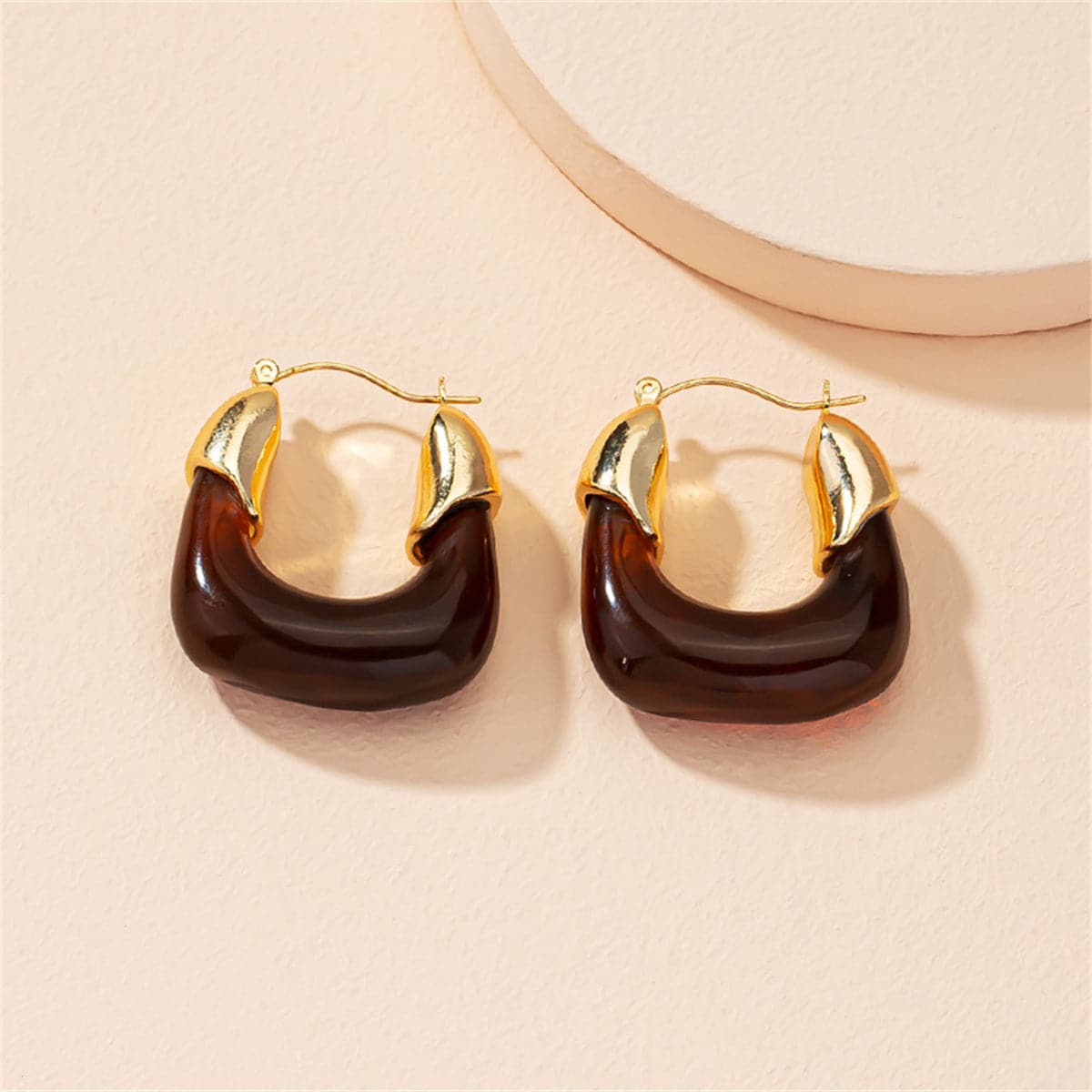 Amber Resin & Goldtone U-Shape Huggie Earring