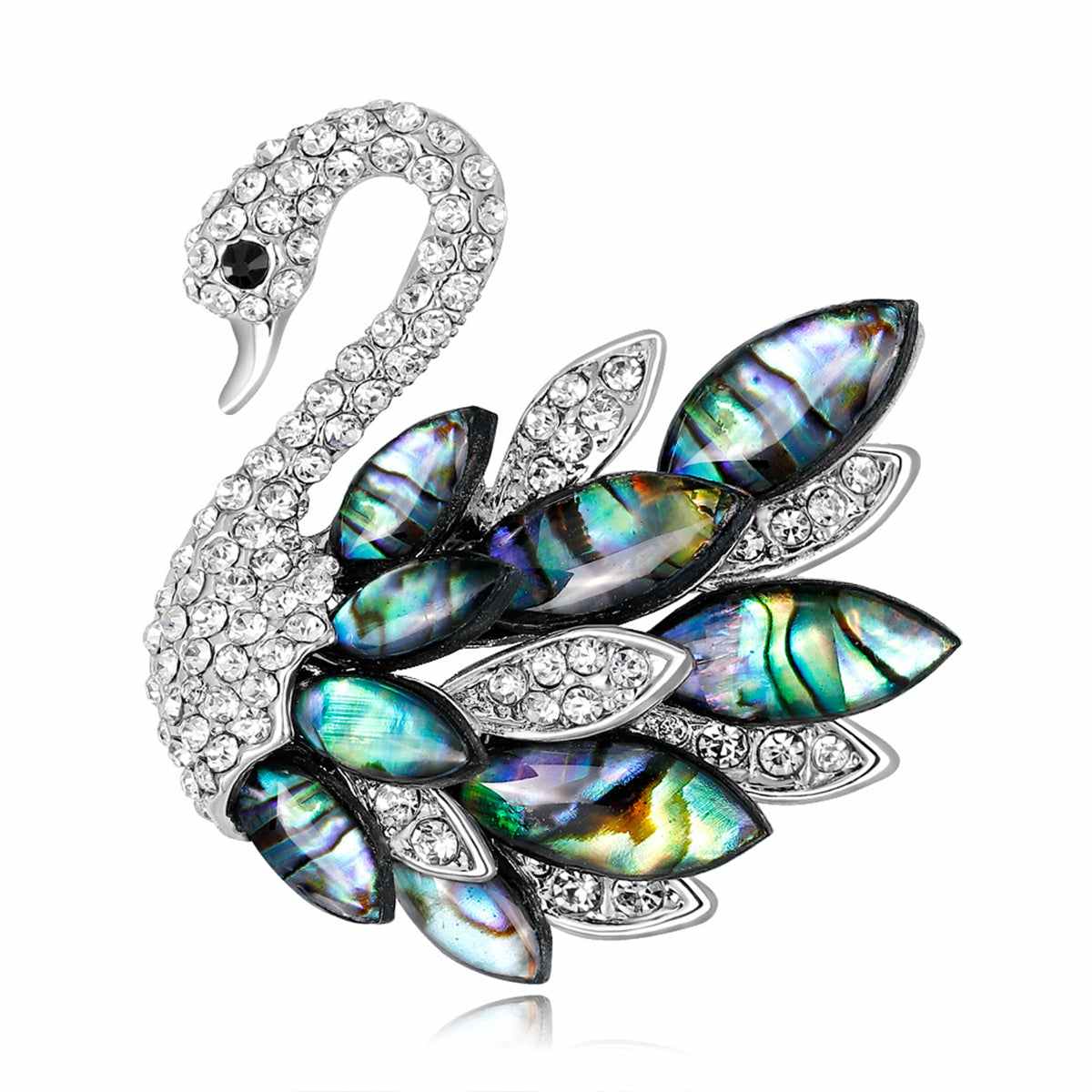 Abalone Shell & Cubic Zirconia Silvertone Swan Brooch