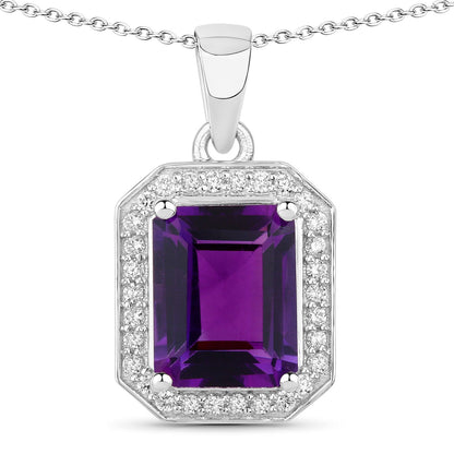 Genuine Amethyst and Lab Diamond Silver Halo Necklace