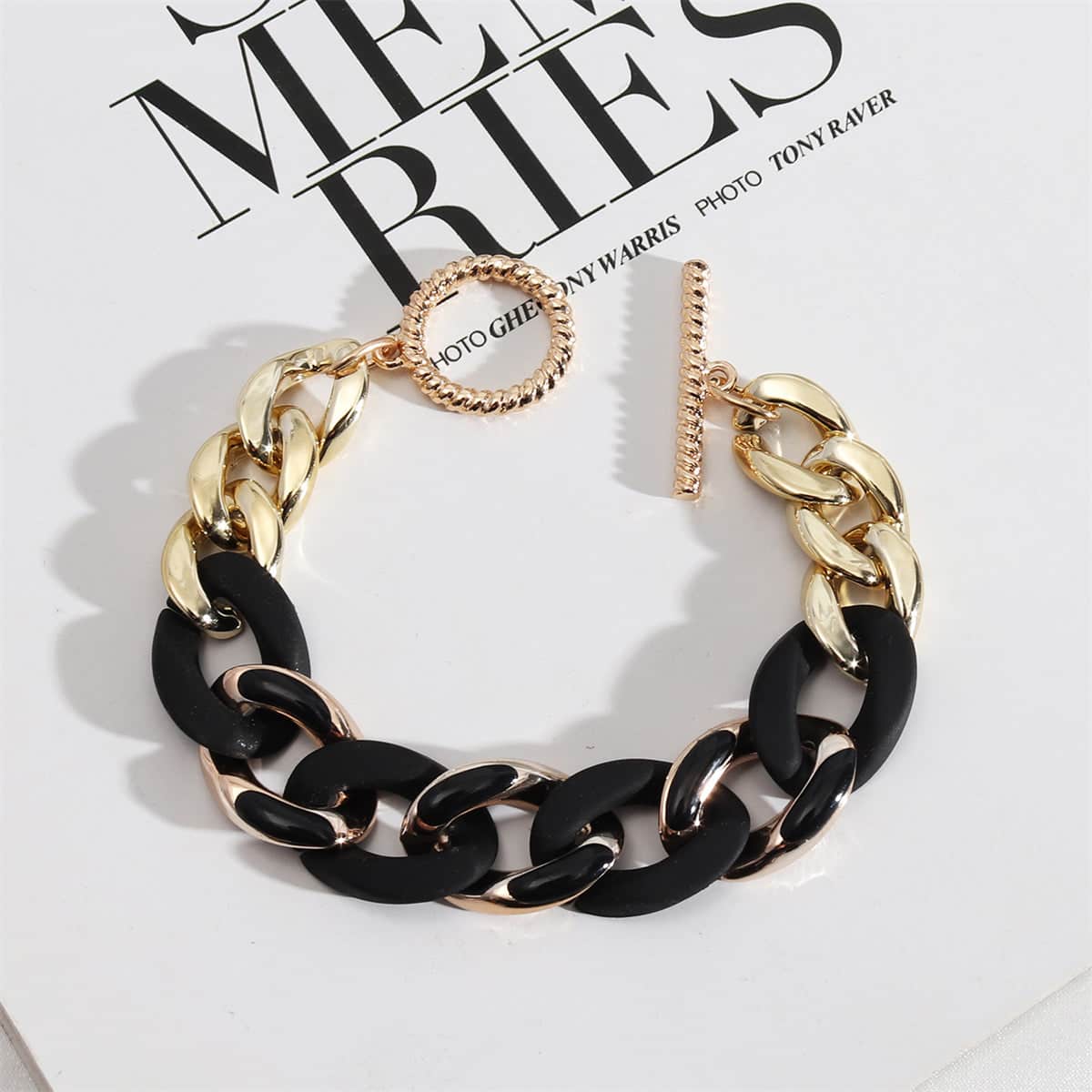Black Acrylic & Enamel Goldtone Curb Chain Toggle Bracelet