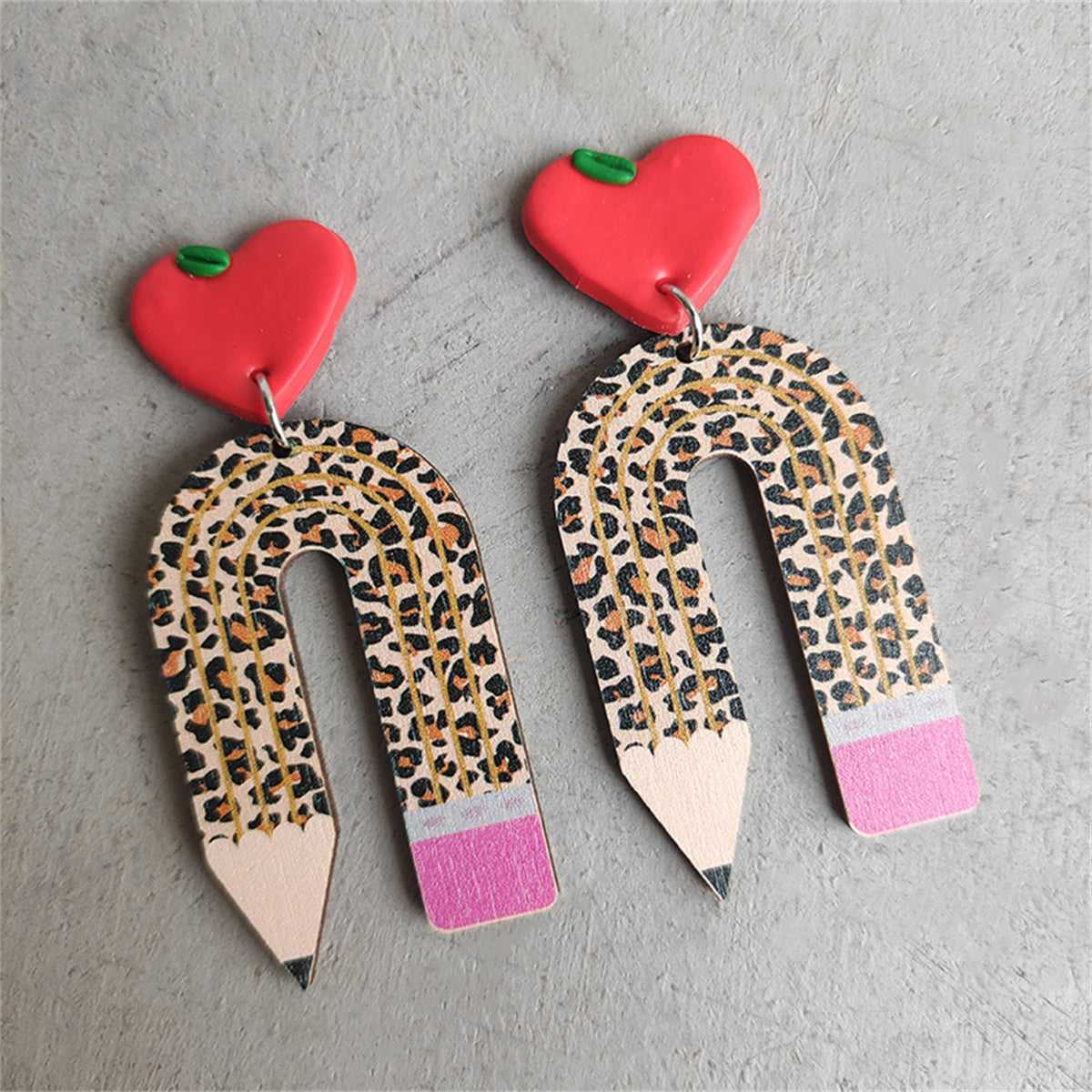 Brown Wood & Acrylic Silvertone Heart Leopard Pencil Drop Earrings