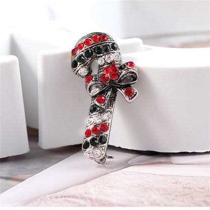 Black & Red Cubic Zirconia & Silvertone Bow Candy Cane Brooch