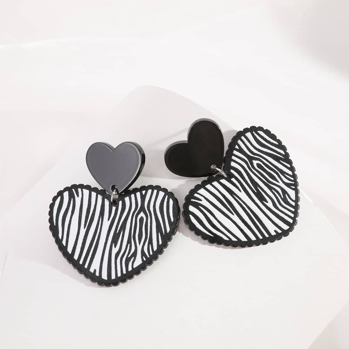 Black Acrylic & Silvertone Zebra Stripe Heart Drop Earrings