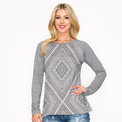Grey Geometric Print Round Neck Long Sleeve T-Shirt