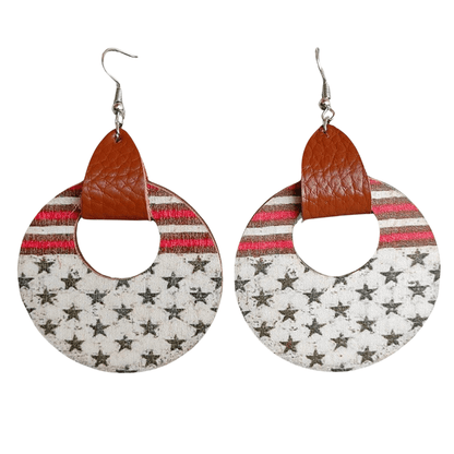 Burnt Orange Stars & Stripes - Faux Leather Strap & Patterned Circular Drop Earrings